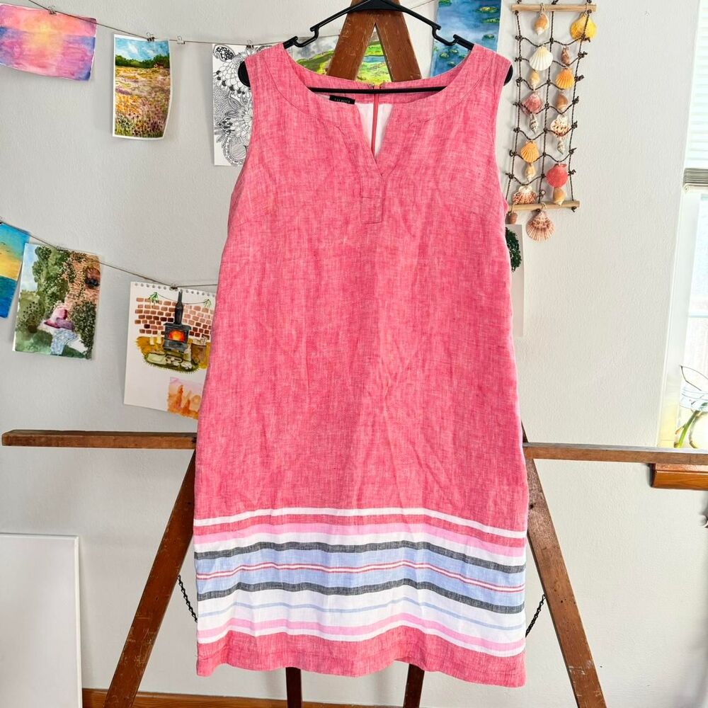 Talbots sz 10 Pink Linen Dress Striped Coastal Beachy Resort Wear Quiet Luxury